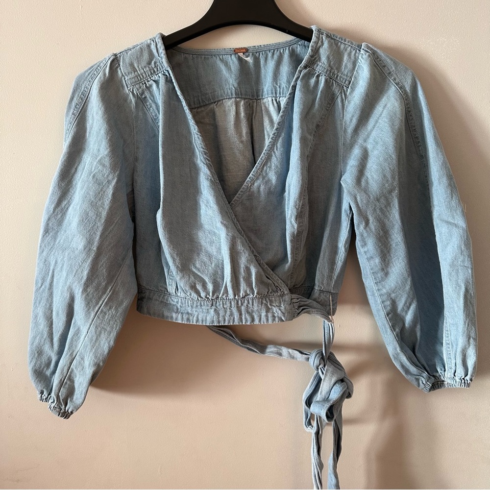 Free People Light Blue Denim Wrap Blouse